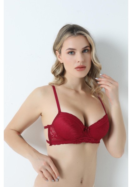 Dolgusuz B Cup Sırtı Iki Ipli Dantelli Sütyen Bordo
