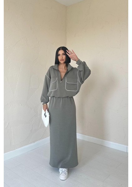 Haki Biyeli Sweatshirt ve Etek Takım