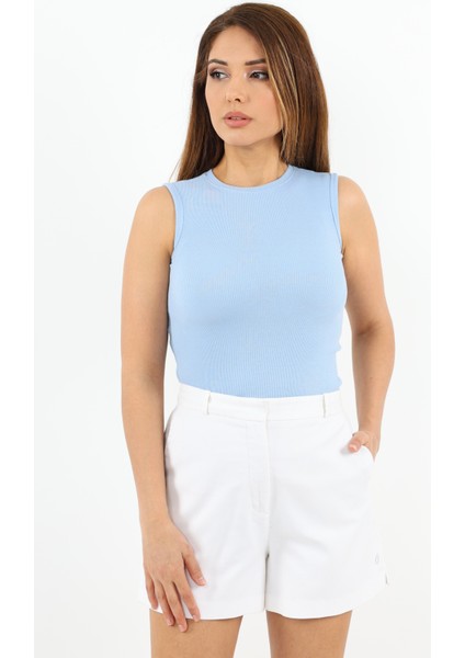 Kadın Kapalı Yaka Pamuk Mavi Düz Kol Fitilli Atlet