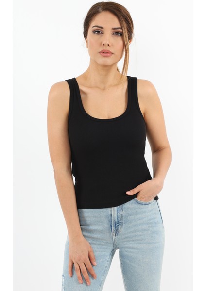 Kadın Cotton Premium Doku Siyah Pamuklu Basic Fitilli Atlet