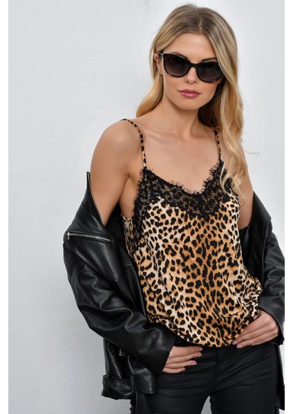 Kadın Camel Leopar Desenli Dantelli Atlet LPP50081 indirimleri