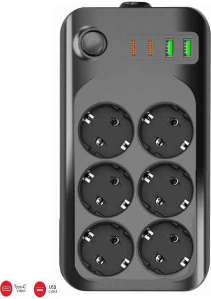 Termal Akım Korumalı USB ve Type-C 2.1A Şarj Çıkışlı 10A 2500W 6'lı Uzatma Grup Priz 3421