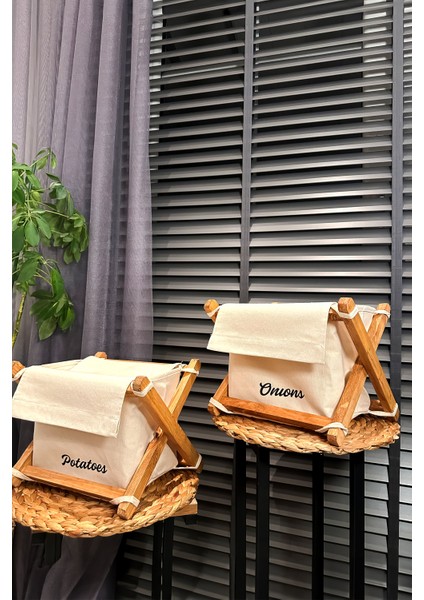 Patates Soğanlık 2'li Set -Bambu Renk- Patates Soğan Sepeti - Ahşap & Kanvas, 6 kg Kapasiteli,