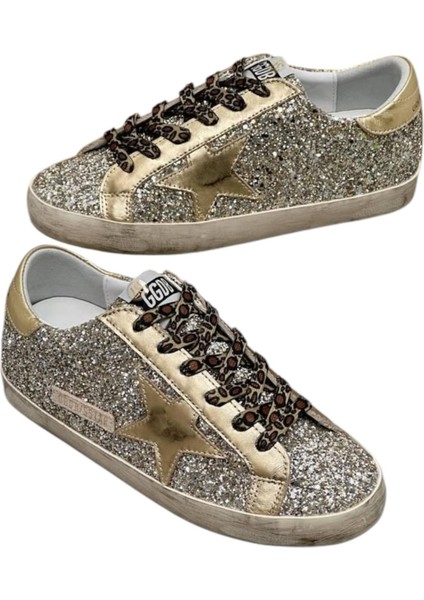 Women's Super-Star Golden Goose Glitter Sneaker - Gold Glitter Leopard Laces-Kadın Ayakkabı Sneakers modelleri
