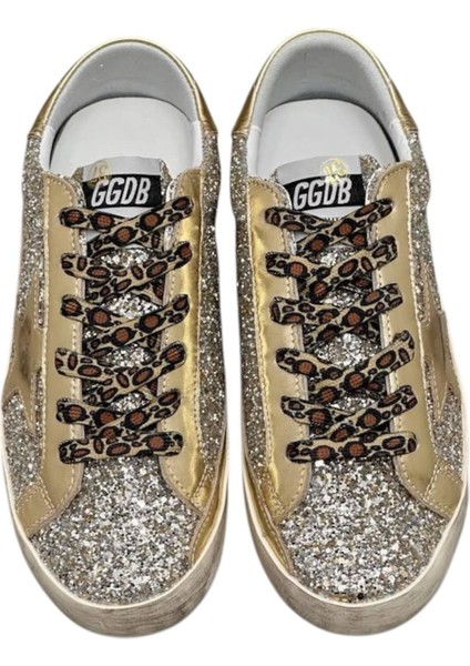 Women's Super-Star Golden Goose Glitter Sneaker - Gold Glitter Leopard Laces-Kadın Ayakkabı Sneakers fırsatları