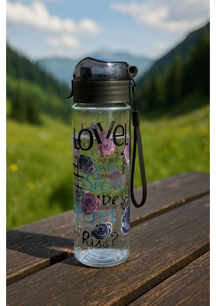 Şeffaf Motivasyon Matara Suluk Su Şişesi 'love ' Yazılı Gül Desenli Matara 500 ml Bpa Free