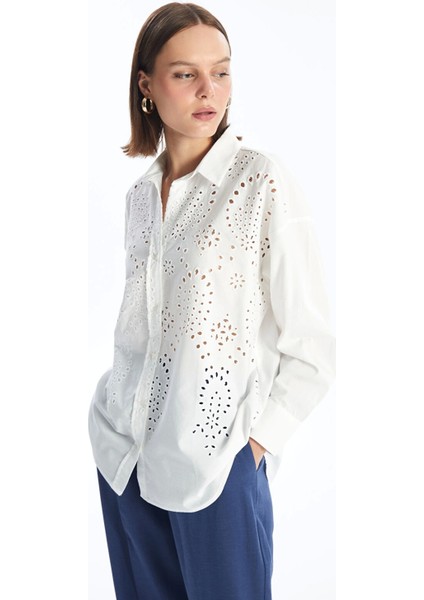 Lcw Vision Beyaz Kendinden Desenli Uzun Kollu Oversize Kadın Gömlek