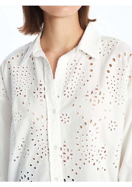 Lcw Vision Beyaz Kendinden Desenli Uzun Kollu Oversize Kadın Gömlek modelleri
