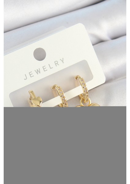 Pirinç Zirkon Taşlı Kalp Model Gold Renk 3'lü Çift Kadın Küpe Set