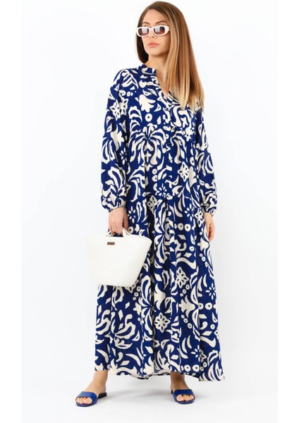 Prive Kadın Showy Lacivert Krem Maksi Boy Önden Düğmeli Katlı Yazlık Uzun Elbise fiyatları