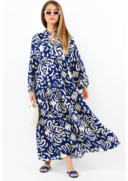 Prive Kadın Showy Lacivert Krem Maksi Boy Önden Düğmeli Katlı Yazlık Uzun Elbise modelleri