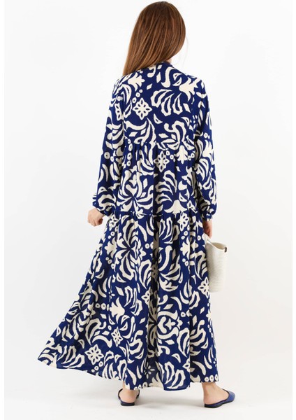 Prive Kadın Showy Lacivert Krem Maksi Boy Önden Düğmeli Katlı Yazlık Uzun Elbise fırsatları