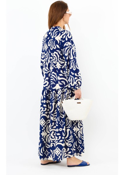 Prive Kadın Showy Lacivert Krem Maksi Boy Önden Düğmeli Katlı Yazlık Uzun Elbise