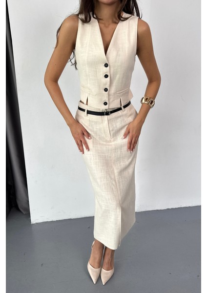 Yelek-Önden Yırtmaçlı Etek Tk Şantuk Keten - Ham modelleri