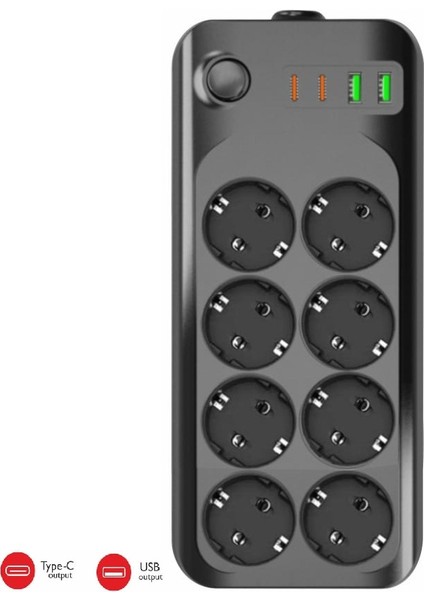 Termal Akım Korumalı USB ve Type-C 2.1A Şarj Çıkışlı 10A 2500W 8'li Uzatma Grup Priz 3422