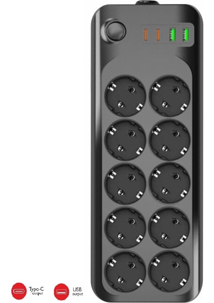 Termal Akım Korumalı USB ve Type-C 2.1A Şarj Çıkışlı 10A 2500W 10'lu Uzatma Grup Priz 3423