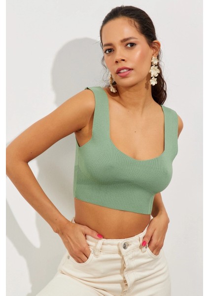 Kadın Mint Triko Crop Atlet YV118