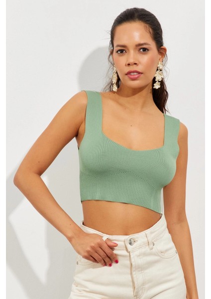Kadın Mint Triko Crop Atlet YV118 fiyatları