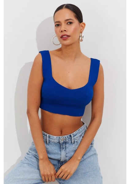 Kadın Saks Triko Crop Atlet YV118