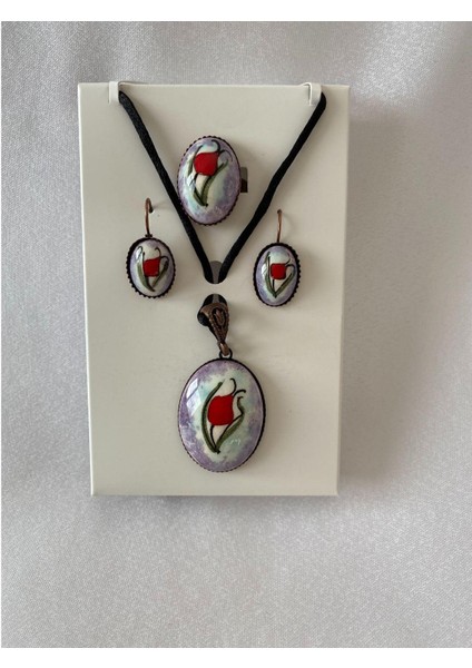 Iznik Çini Kolye Küpe Yüzük Set El Boyaması Model 4 Lila Renk modelleri
