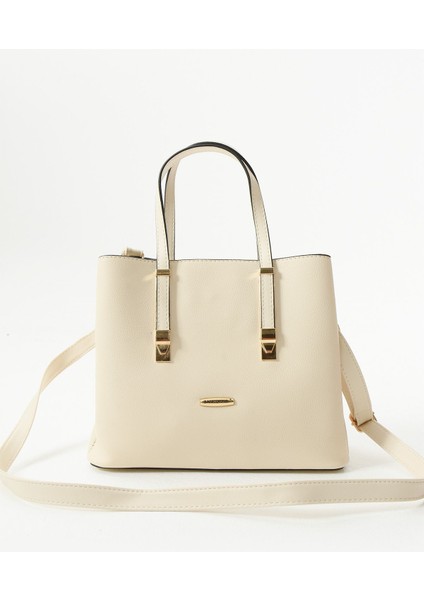 Kadın Uzun Askılı 4 Bölmeli Gold Aksesuarlı Sade Şık Krem Renkli Omuz ve El Çantası