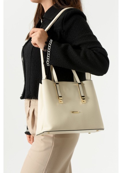 Kadın Uzun Askılı 4 Bölmeli Gold Aksesuarlı Sade Şık Krem Renkli Omuz ve El Çantası fiyatları