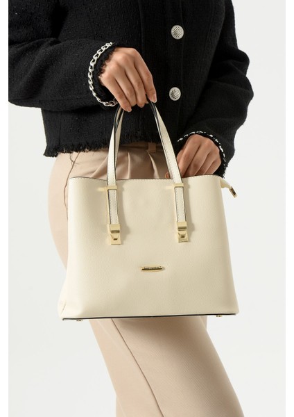 Kadın Uzun Askılı 4 Bölmeli Gold Aksesuarlı Sade Şık Krem Renkli Omuz ve El Çantası fırsatları