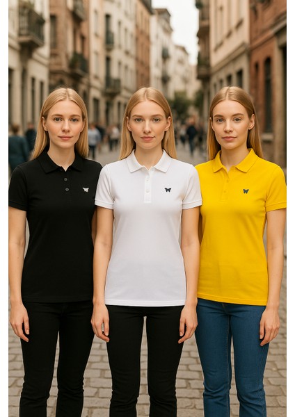Kadın 3 Lü Paket Kısa Kollu Yazlık Polo Yaka Tişört