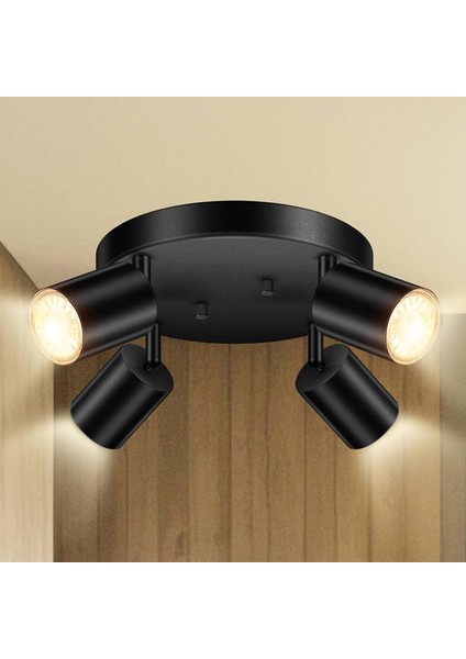 Metal Siyah Retro Dekoratif Modern 4 Lü LED Spot 180 Derece Mafsallı Günışığı Ampullü
