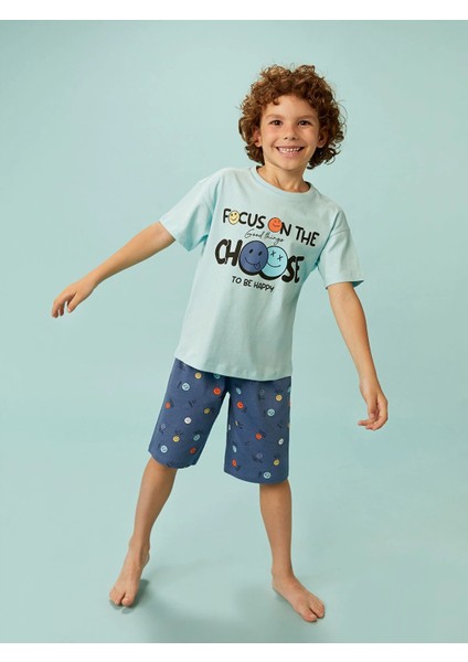 Lcw Kids Mavi Bisiklet Yaka Baskılı Erkek Çocuk Şortlu Pijama Takımı fiyatları
