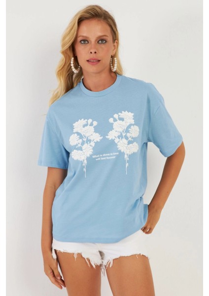 Kadın Mavi Baskılı T-Shirt AYD362