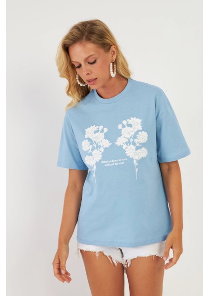 Kadın Mavi Baskılı T-Shirt AYD362 modelleri