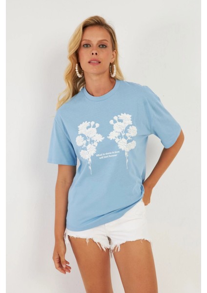 Kadın Mavi Baskılı T-Shirt AYD362 fırsatları