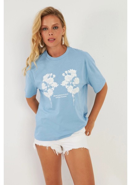 Kadın Mavi Baskılı T-Shirt AYD362 indirimleri