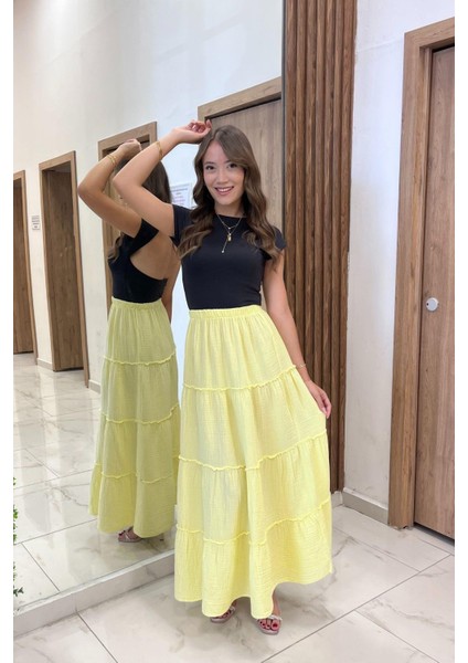 Kadın Beli Lastikli Katlı Müslin Uzun Etek