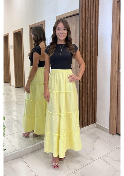 Kadın Beli Lastikli Katlı Müslin Uzun Etek fiyatları