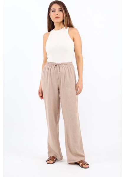 Kadın Keten Comfy Bej Düz Kesim Bel Lastikli Pantolon fiyatları