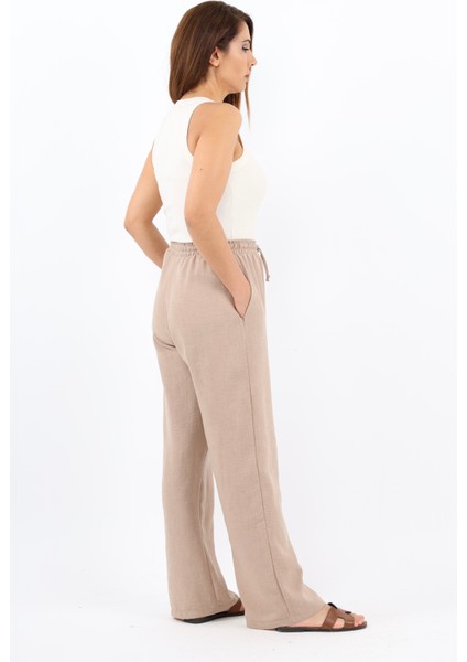 Kadın Keten Comfy Bej Düz Kesim Bel Lastikli Pantolon fırsatları