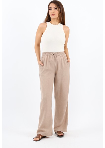 Kadın Keten Comfy Bej Düz Kesim Bel Lastikli Pantolon indirimleri