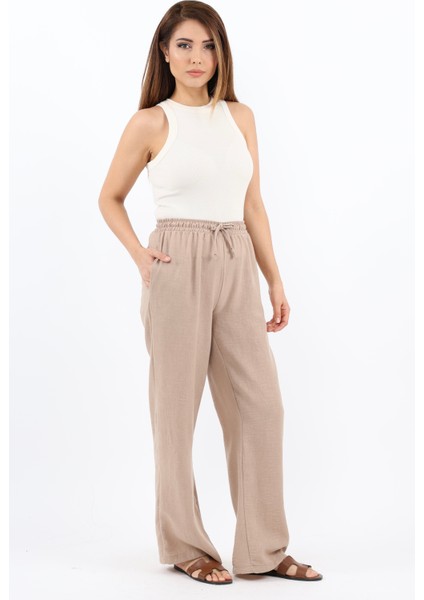 Kadın Keten Comfy Bej Düz Kesim Bel Lastikli Pantolon