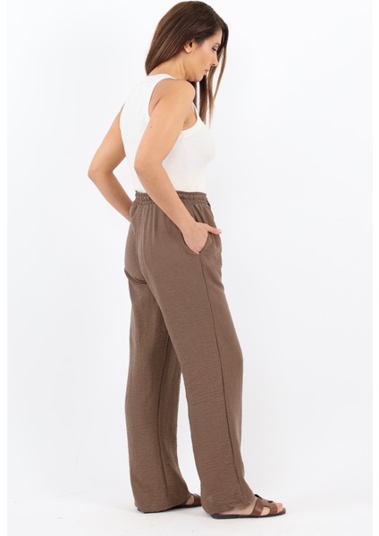 Kadın Keten Comfy Kahve Düz Kesim Bel Lastikli Pantolon modelleri