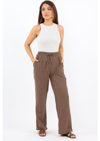 Kadın Keten Comfy Kahve Düz Kesim Bel Lastikli Pantolon