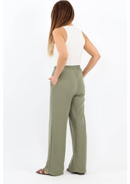 Kadın Keten Comfy Haki Düz Kesim Bel Lastikli Pantolon fırsatları