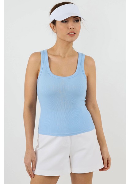 Kadın Cotton Premium Doku Mavi Pamuklu Basic Fitilli Atlet