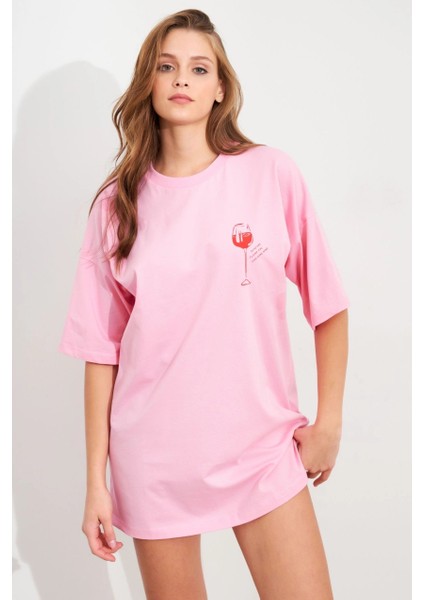 Kadın Pembe Oversize Pijama T-Shirt TPG14