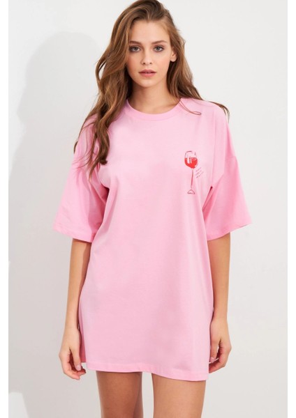 Kadın Pembe Oversize Pijama T-Shirt TPG14 fiyatları