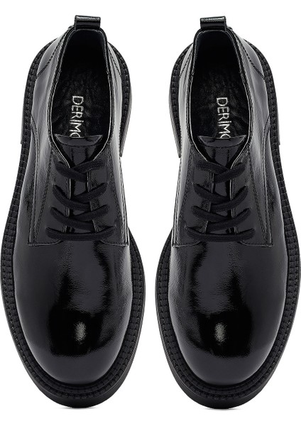 Kadın Siyah Bağcıklı Rugan Deri Maskülen Ayakkabı 25AFD512416