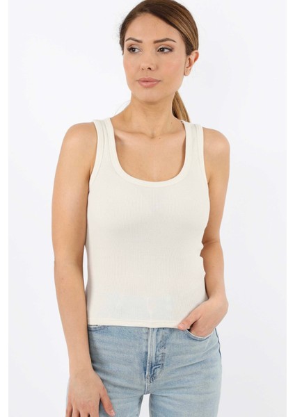 Kadın Cotton Premium Doku Krem Pamuklu Basic Fitilli Atlet