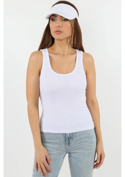 Kadın Cotton Premium Doku Beyaz Pamuklu Basic Fitilli Atlet