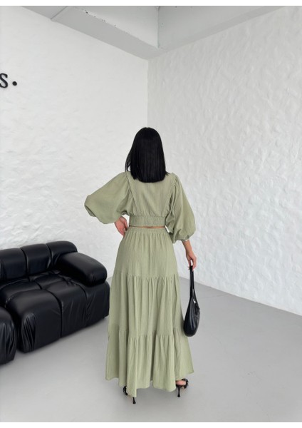 Deniz Kabuklu Bağlamalı Crop Bluz Etek Takım fiyatları